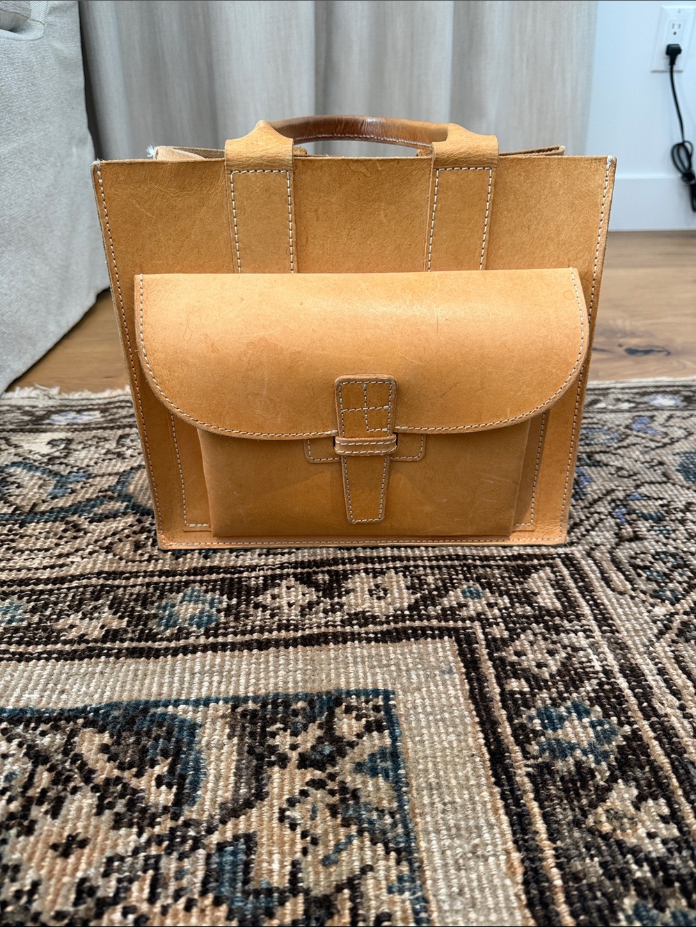 Structured Tan Leather Satchel with Front Pocket and Top Handles
